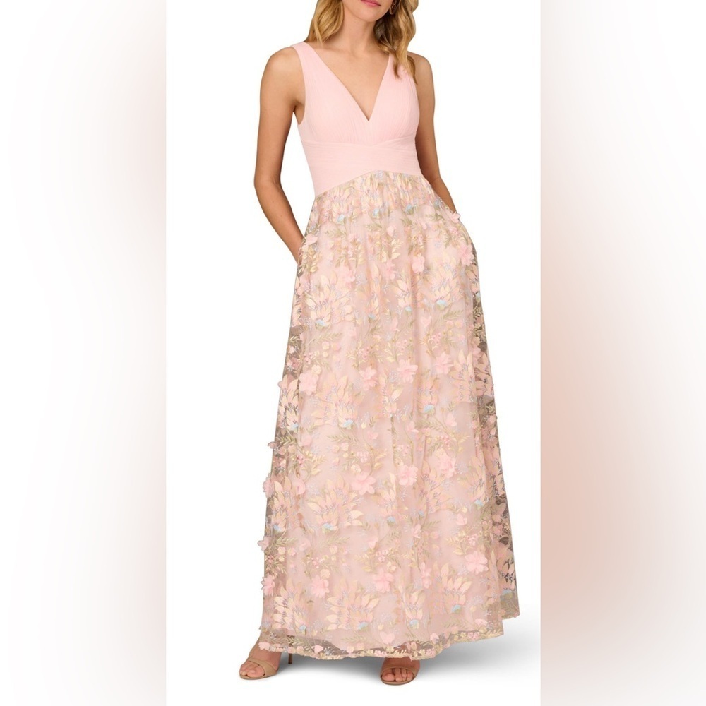 New Aidan Mattox Floral Embroidered Mesh V-Neck Sleeveless A-Line Maxi Dress 6